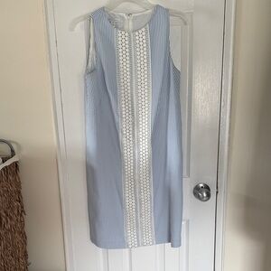 London Times Blue and White Striped Lace-Trim Mini Dress